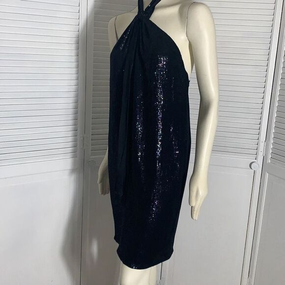 Carmen Marc Valvo - Black Sequin Halter Midi Dress Sz 10 - Picture 7 of 12